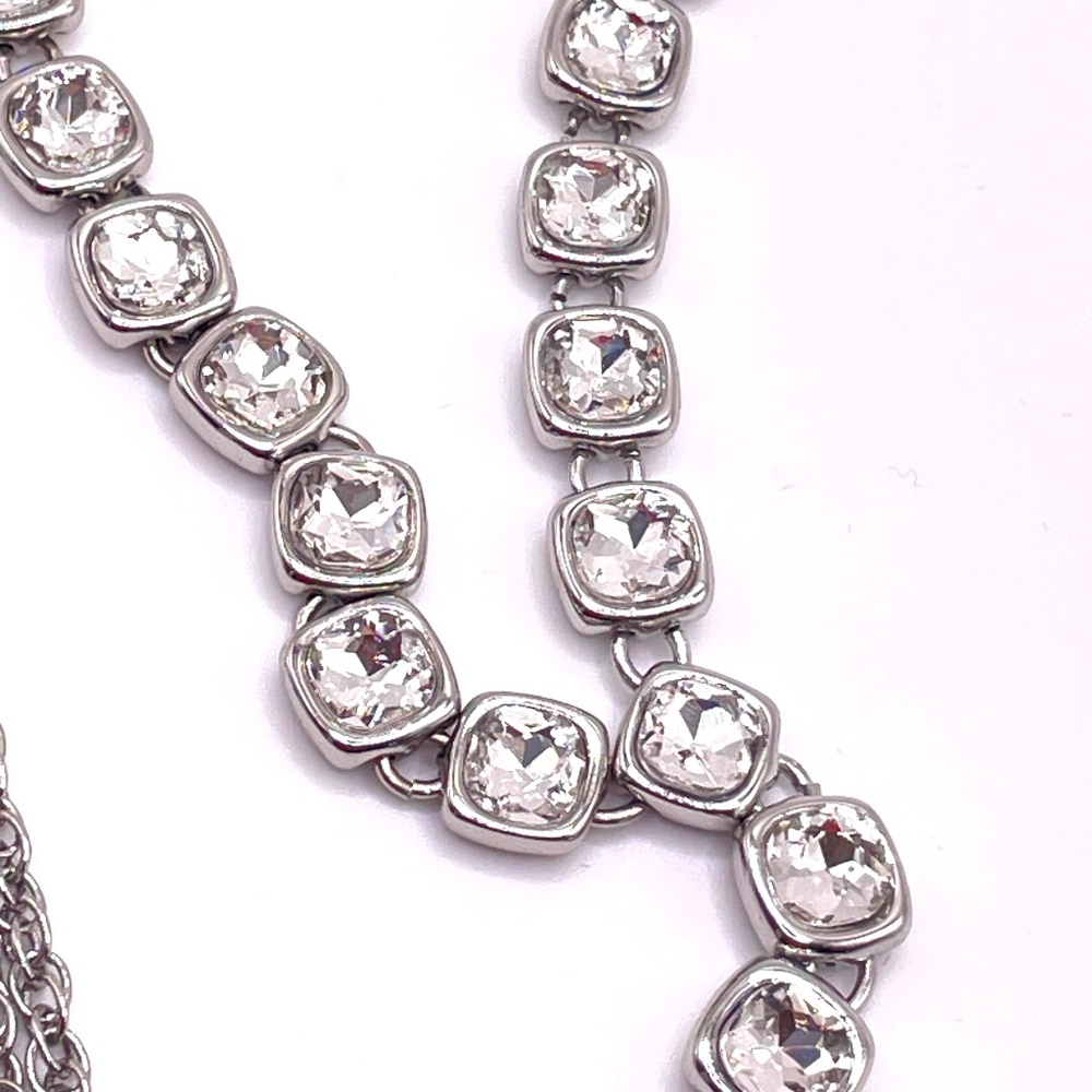 Contemporary Silver Tone Chiclet Crystal Y Tassel Long Necklace - Picture 12 of 13